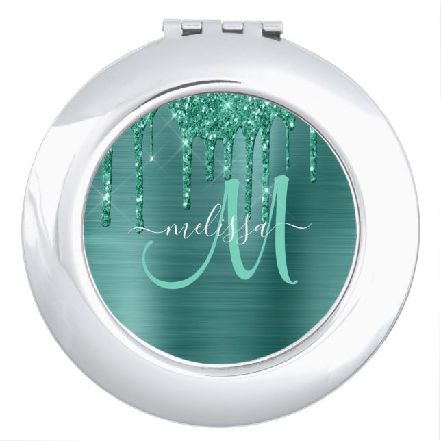 Girly Teal Dripping Glitter Brushed Metal Monogram Compact Mirror (Front)