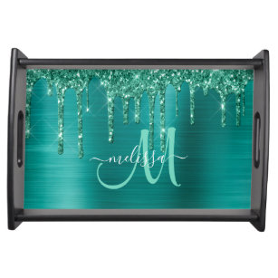 Girly Teal Dripping Glitter Brushed Metal Monogram Serving Tray
