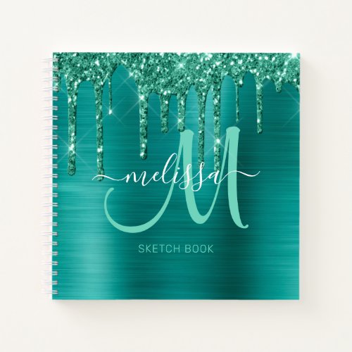 Girly Teal Dripping Glitter Brushed Metal Sketch Notebook
