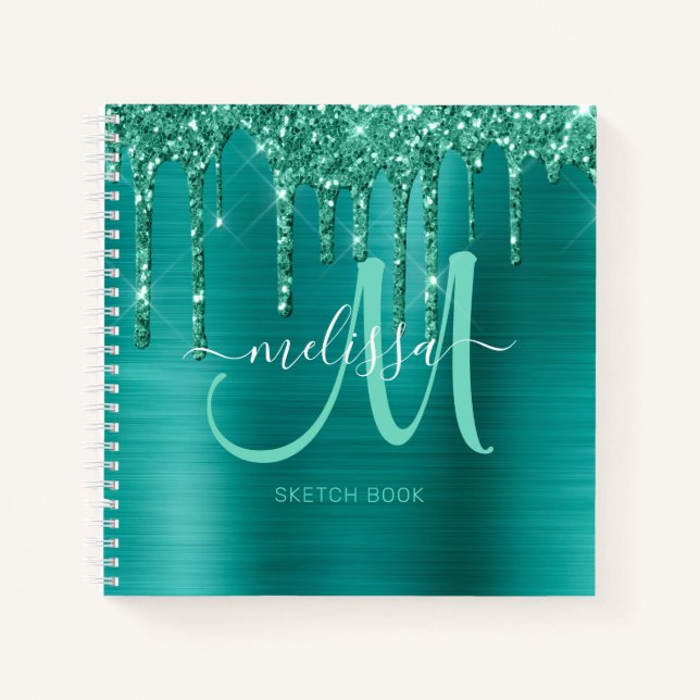 Girly Teal Dripping Glitter Brushed Metal Sketch Notebook (Front)