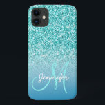 Girly Teal Faux Glitter Monogram Name Personalized iPhone 11 Case<br><div class="desc">Cute, fun, girly bright teal glitter effect PRINTED design with black text. You can personalize with your name, your text or your initials to have it monogrammed in a bold script font. Elke Clarke© A stylish, fashion trendy, chic design for her. For other glitter colors for the background please contact...</div>
