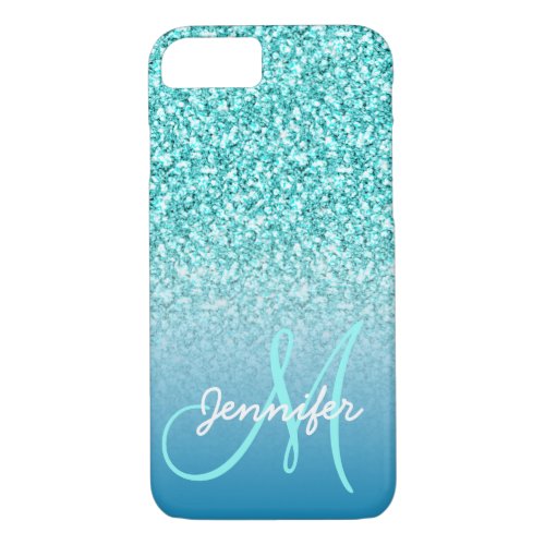 Girly Teal Faux Glitter Monogram Name Personalized iPhone 87 Case