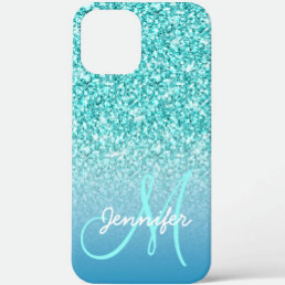 Girly Teal Faux Glitter Monogram Name Personalized iPhone 11 Case