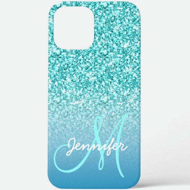 Girly Teal Faux Glitter Monogram Name Personalized Case-Mate iPhone Case (Creator Uploaded)
