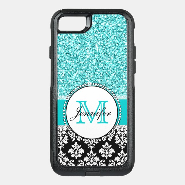 Girly, Teal, Glitter Black Damask Otterbox iPhone Case (Back)