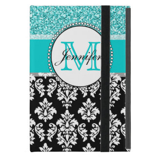 Girly, Teal, Glitter Black Damask Personalized Case For iPad Mini