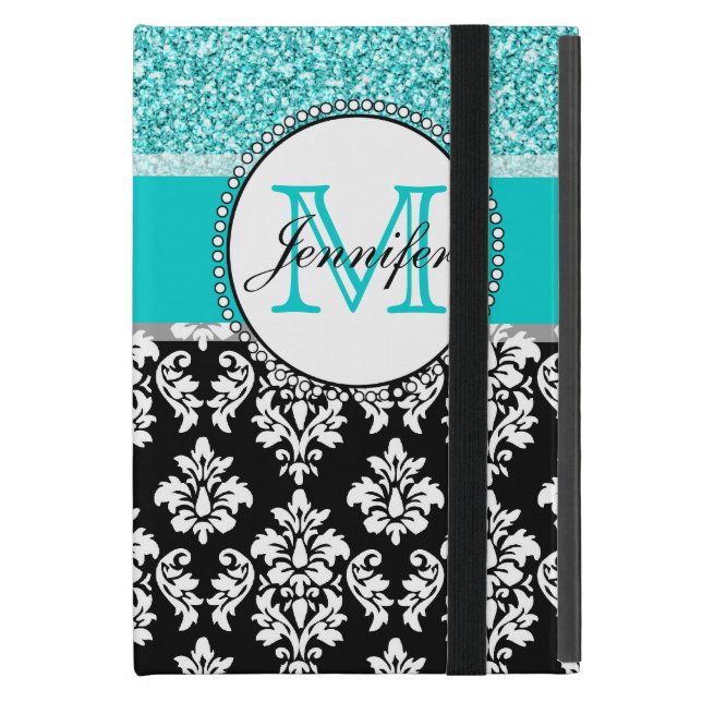 Girly, Teal, Glitter Black Damask Personalized Case For iPad Mini (Front Closed)