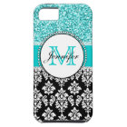 Girly, Teal, Glitter Black Damask Personalized