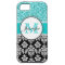 Girly, Teal, Glitter Black Damask Personalized