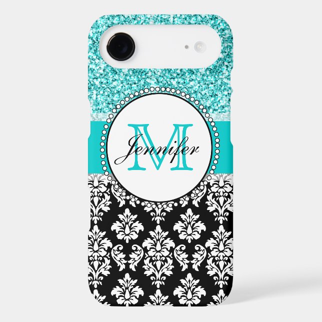 Girly, Teal, Glitter Black Damask Personalized Case-Mate iPhone Case (Back)