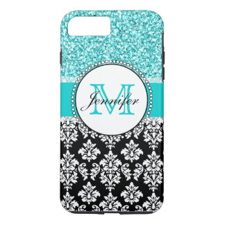 Girly, Teal, Glitter Black Damask Personalized iPhone 8 Plus/7 Plus Case