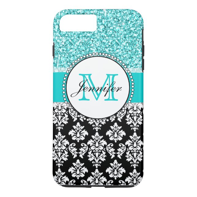 Girly, Teal, Glitter Black Damask Personalized Case-Mate iPhone Case (Back)