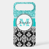 Girly, Teal, Glitter Black Damask Personalized Case-Mate iPhone Case (Back)