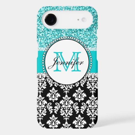 Girly, Teal, Glitter Black Damask Personalized Case-Mate iPhone Case (Back)