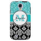 Girly, Teal, Glitter Black Damask Personalized