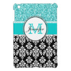 Girly, Teal, Glitter Black Damask Personalized