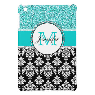Girly, Teal, Glitter Black Damask Personalized iPad Mini Case