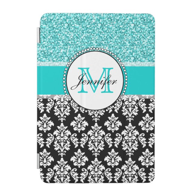 Girly, Teal, Glitter Black Damask Personalized iPad Mini Cover (Front)