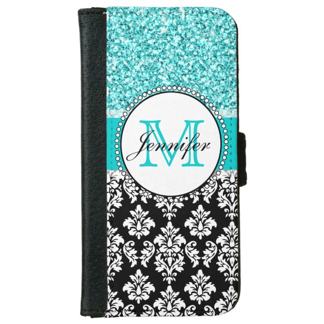 Girly, Teal, Glitter Black Damask Personalized iPhone Wallet Case (Front)