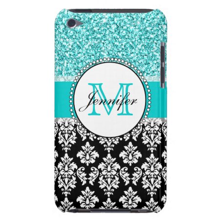 Girly, Teal, Glitter Black Damask Personalized Ipod Touch Case-mate Ca