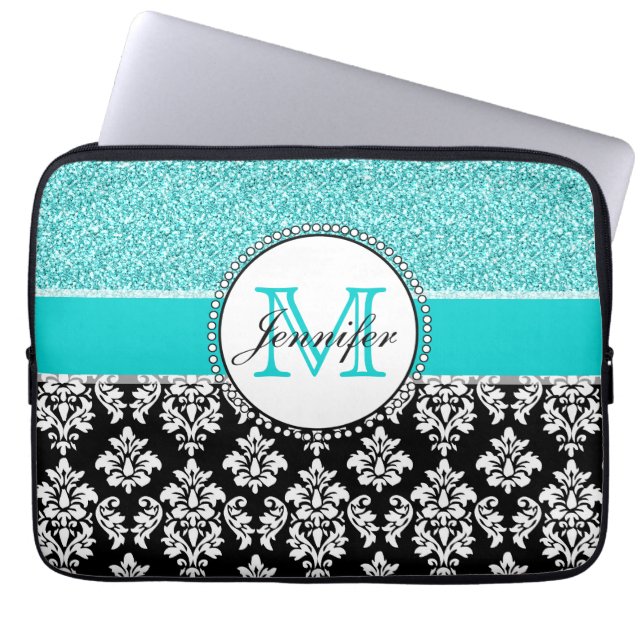 Girly, Teal, Glitter Black Damask Personalized Laptop Sleeve (Front)