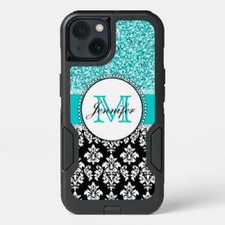 Girly, Teal, Glitter Black Damask Personalized iPhone 13 Case