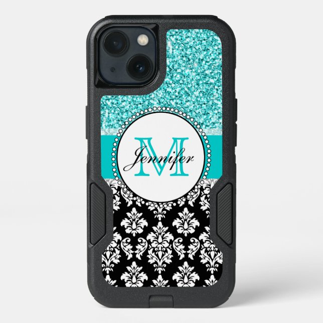 Girly, Teal, Glitter Black Damask Personalized Otterbox iPhone Case (Back)