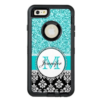 Girly  Teal  Glitter Black Damask Personalized Otterbox Defender Iphone Case by DamaskGallery at Zazzle