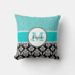 Girly, Teal, Glitter Black Damask Personalized Throw Pillow at Zazzle