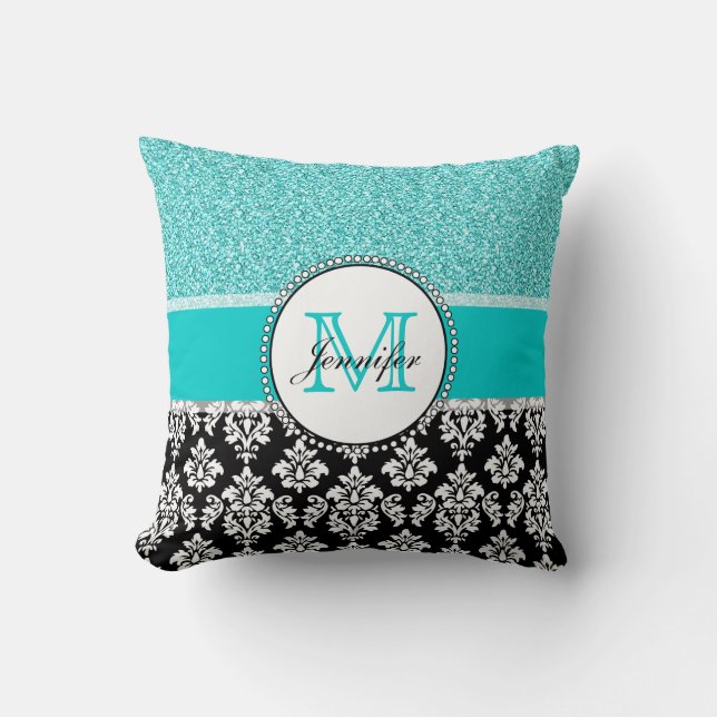 Girly, Teal, Glitter Black Damask Personalized Throw Pillow (Front)