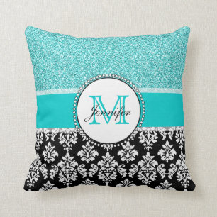 Girly, Teal, Glitter Black Damask Personalized Throw Pillow
