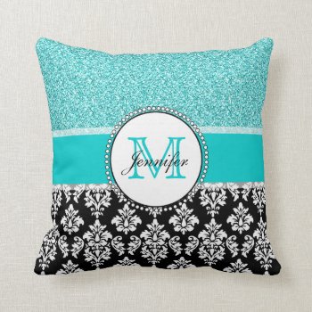 Girly  Teal  Glitter Black Damask Personalized Throw Pillow by DamaskGallery at Zazzle