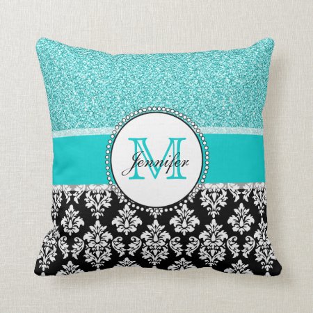Girly, Teal, Glitter Black Damask Personalized Throw Pillow