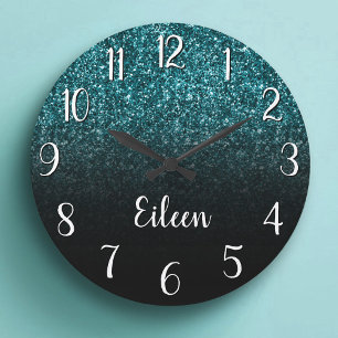 Girly Teal Glitter Black Ombre Large Clock