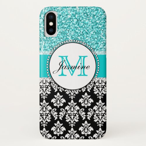 Girly Teal Glitter Black White Damask Monogram iPhone XS Case