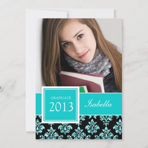 GIRLY TEAL GLITTER DAMASK GRAD PHOTO PERSONALIZED ANNOUNCEMENT