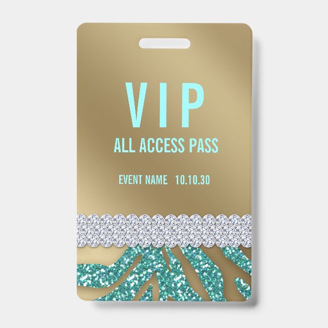 Girly Teal Glitter Female VIP Access Event Badge (Front)