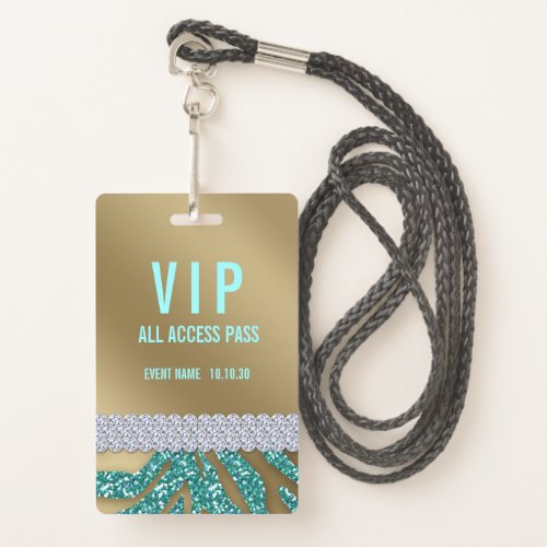 Girly Teal Glitter Female VIP Access Event Badge