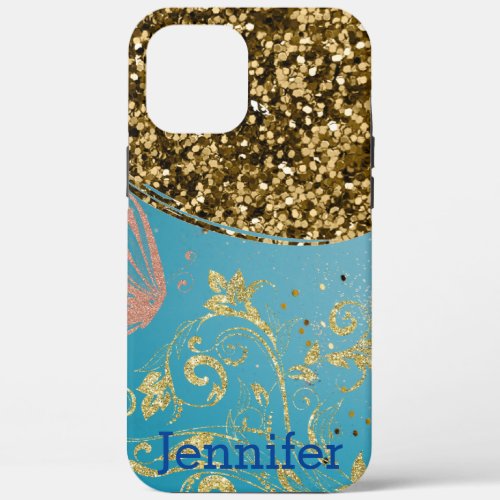 Girly Teal Glitter Gold Ombre Monogram Name  iPhone 12 Pro Max Case