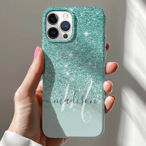 Girly Teal Glitter Monogram Name Iphone 12 Case