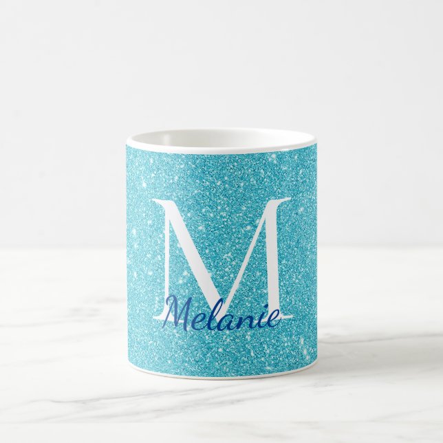 Girly Teal Glitter Monogram Name  Coffee Mug (Center)