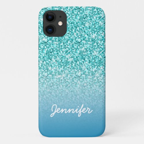 Girly Teal Glitter Monogram Name Personalized iPhone 11 Case