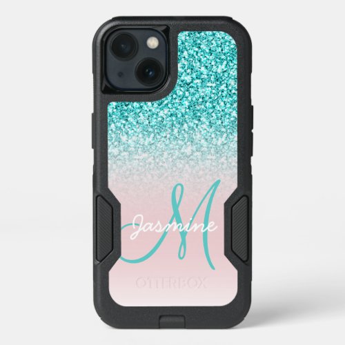 Girly Teal Glitter Monogram Name Pink Ombre iPhone 13 Case