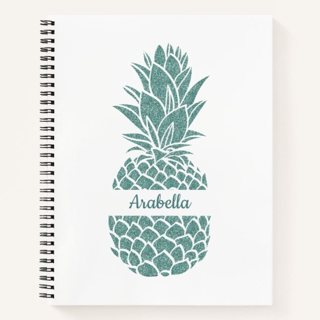 Girly Teal Glitter Pineapple Name Pattern Notebook (Front)