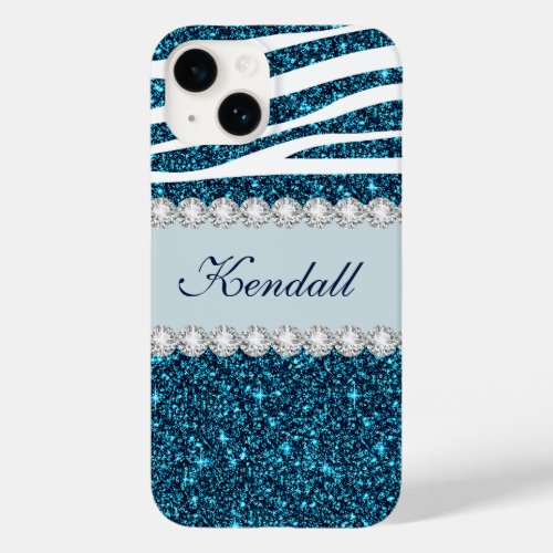 Girly Teal Glitter Zebra Modern iPhone 14 Case