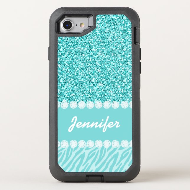 Girly, Teal Glitter, Zebra Stripes Otterbox iPhone Case (Back)