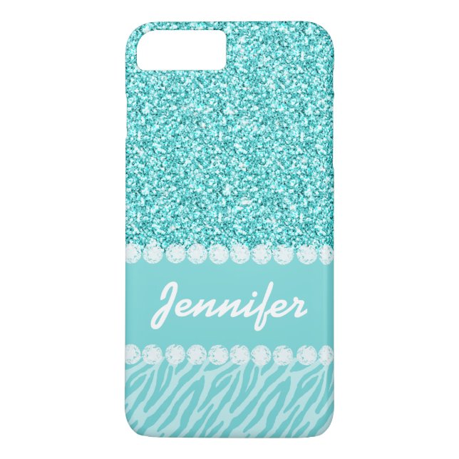 Girly, Teal Glitter, Zebra Stripes Personalized Case-Mate iPhone Case (Back)