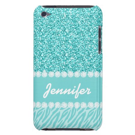 Girly, Teal Glitter, Zebra Stripes Personalized Case-mate Ipod Touch C