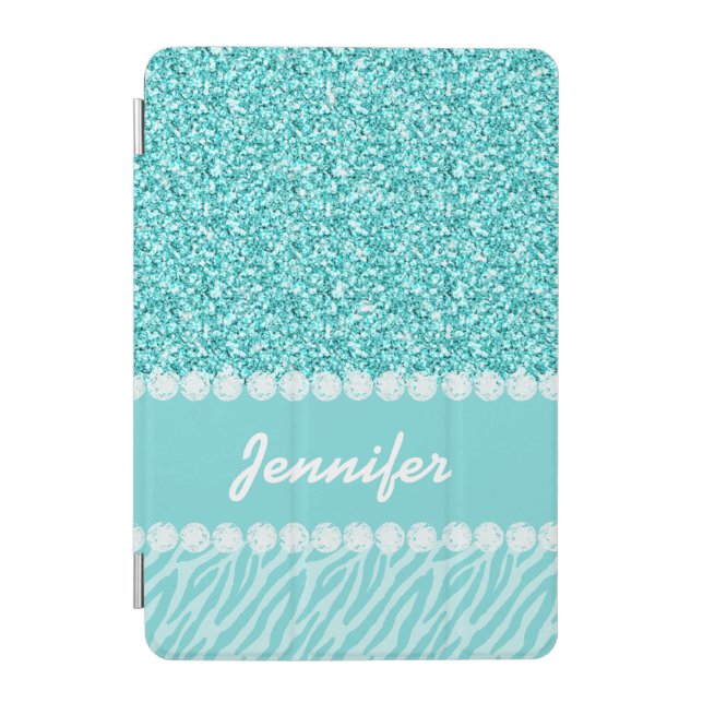 Girly, Teal Glitter, Zebra Stripes Personalized iPad Mini Cover (Front)