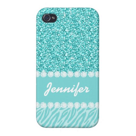 Girly, Teal Glitter, Zebra Stripes Personalized Iphone 4 Case